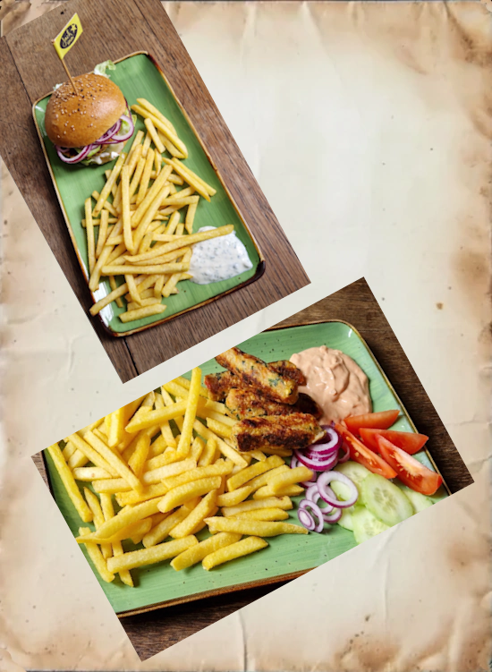 infotafel, 2 kleine bilder . einmal einen veggieburger mit pommes und selbstgemachter veganer mayo, auf dem 2. bild 4 falafelsticks mit einem saelbstgemachten dip, gurken, tomatenecken, zwiebelringe und pommes beide gerichte auf einer grünn platte die auf einem alten holztisch stehen