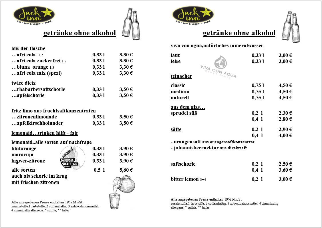 Getränkekarte: Bier, Wein, Softdrinks und hausgemachte Limonaden