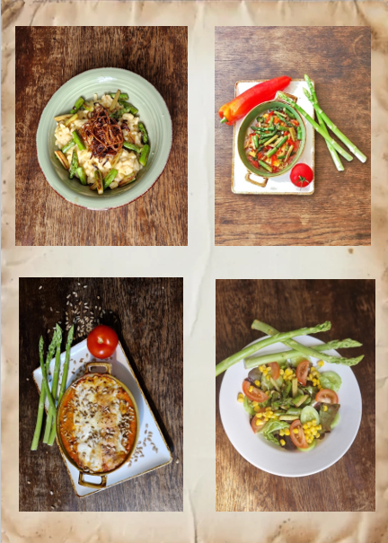 4 bilder mit spargelgerichten:bild1 käsespätzle mit grünemspargel und röstzwiebeln, bild2 feta mit paprika, frühlingszwiebeln grünem spargel deko 1 ganze paprika, 1 ganze tomate, 3 grüne spargel,
                                                        bild3 überbackener kräuterpfannkuchen in einer tomatensahnesoße und gerösteten sonnenblumenkerne, deko 4x grüner spargel und 1 ganze tomate, bild4 salatteller mit salatblätter, mais, gurken und gebratene grüne spargelstücke als deko liegen auch hier 3 x grüner spargel am tellerrand. 
                                                        alle teller stehen auf einem alten holztisch